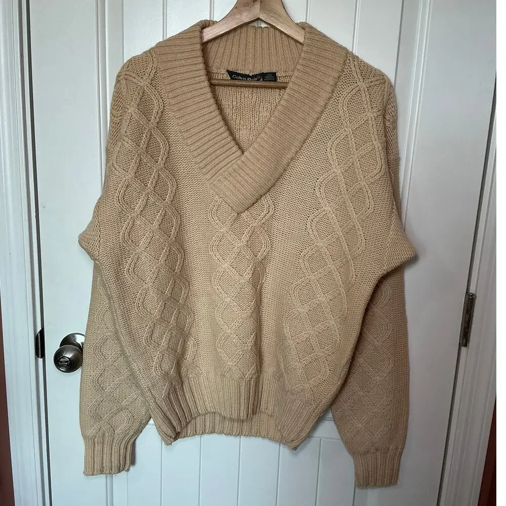 Vintage Calvin Klein 70s Men's Wool Cable Sweater Large Cream